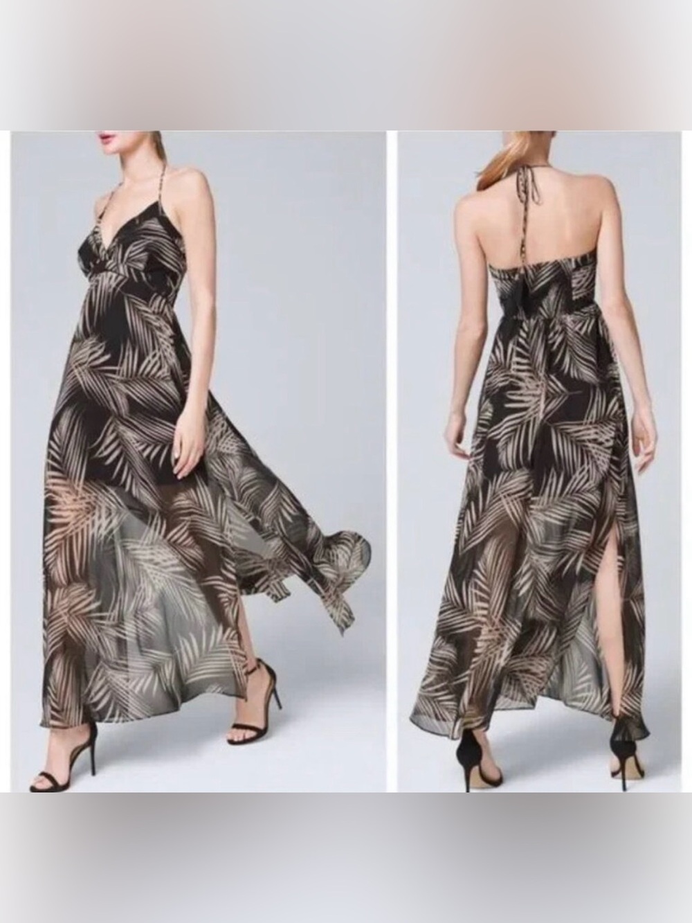White House Black Market: Black Palm-Print Halter Maxi Dress